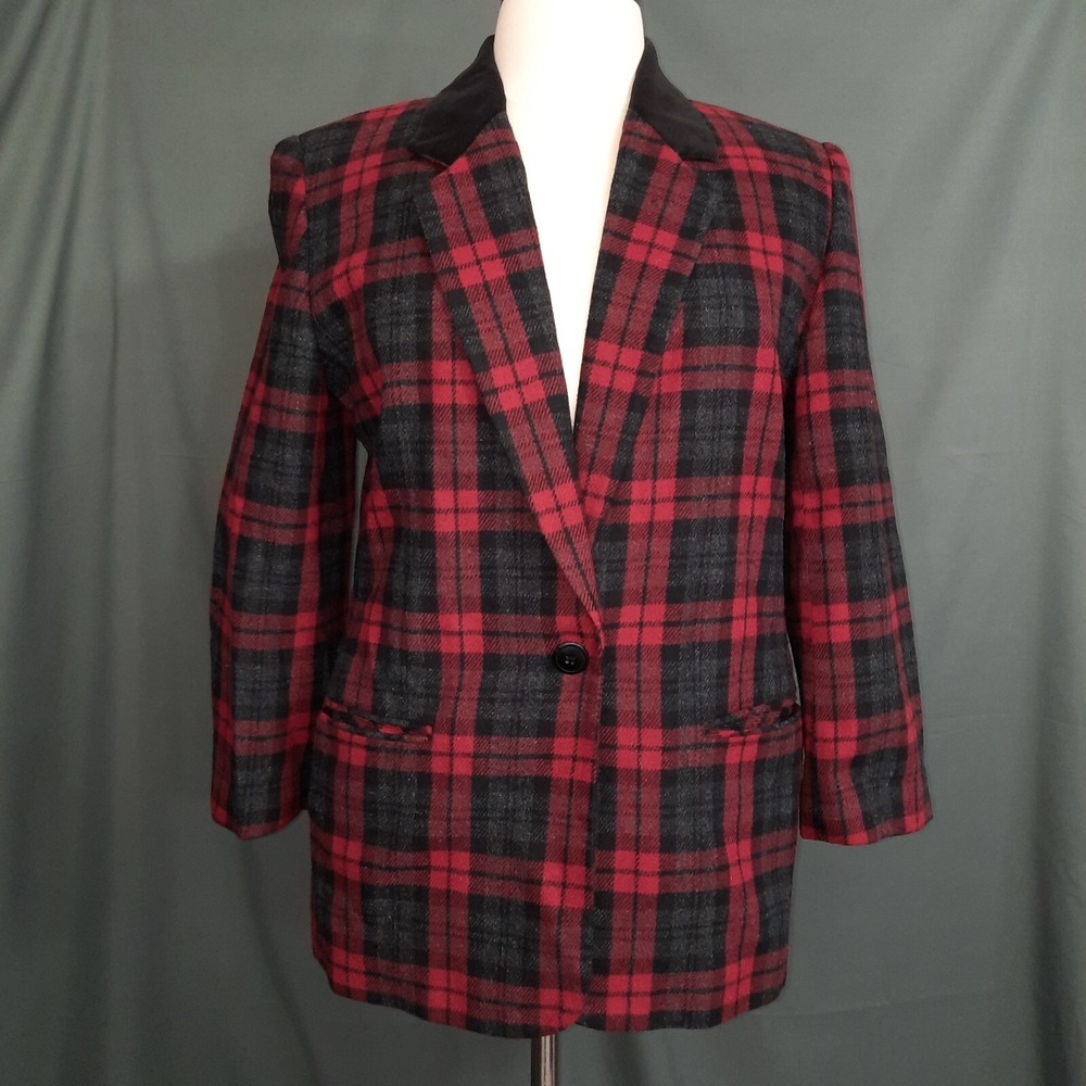 VTG Red Plaid Wool Blazer Black Velvet Collar Womens 14 Dark Academia Preppy 90s